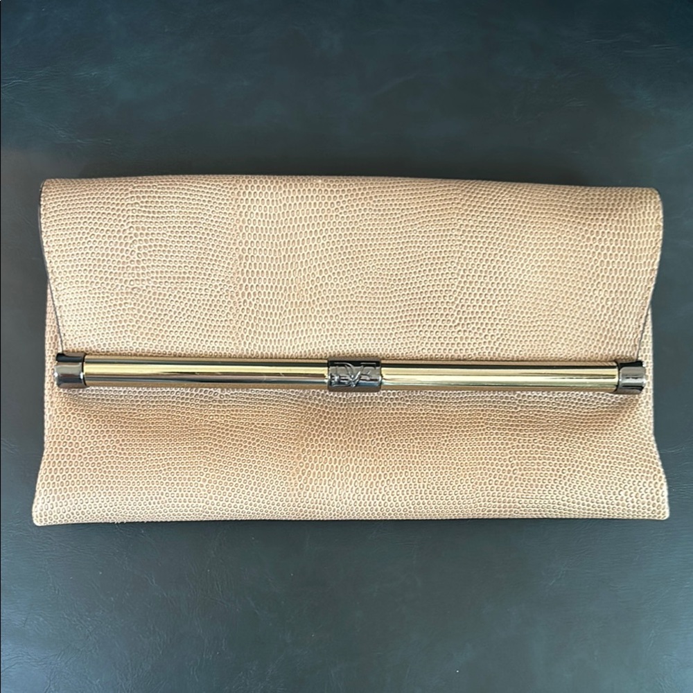 Diane Von Furstenberg 440 Shimmer Sand Leather Elegant Tan Clutch